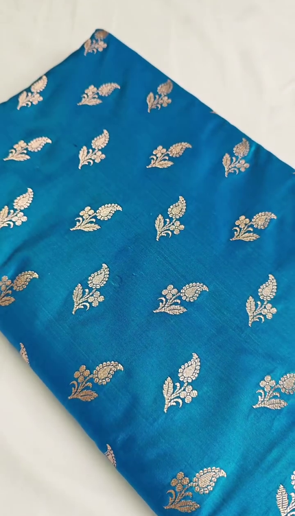 Teal Blue Silver Zari Buta Brocade Fabric