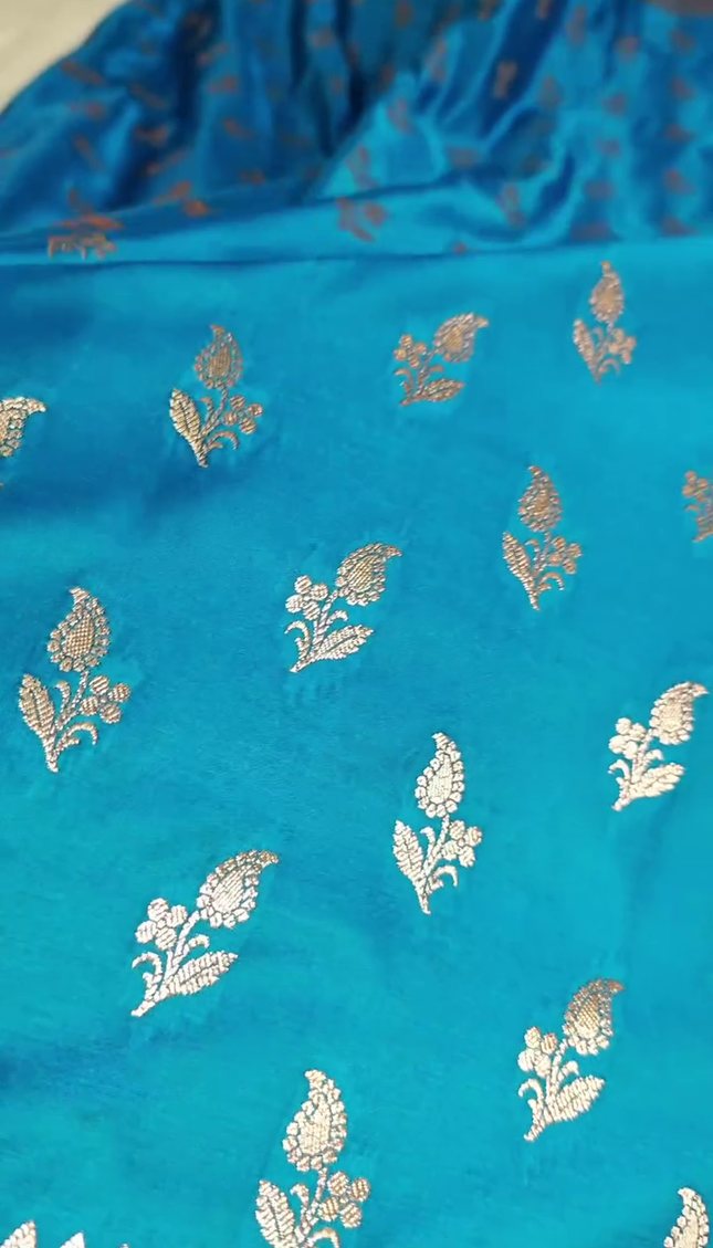 Teal Blue Silver Zari Buta Brocade Fabric