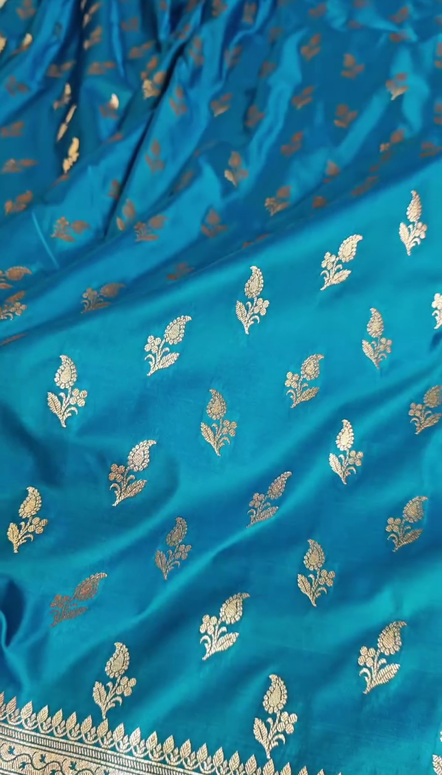 Teal Blue Silver Zari Buta Brocade Fabric
