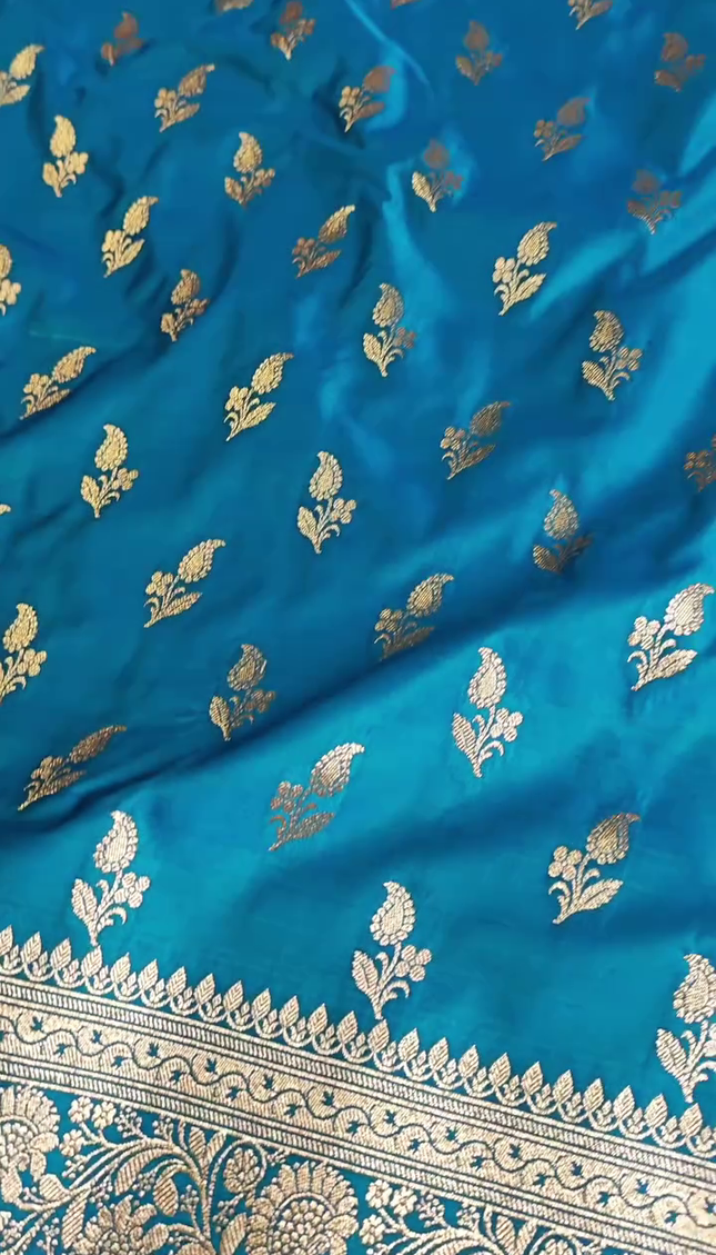Teal Blue Silver Zari Buta Brocade Fabric