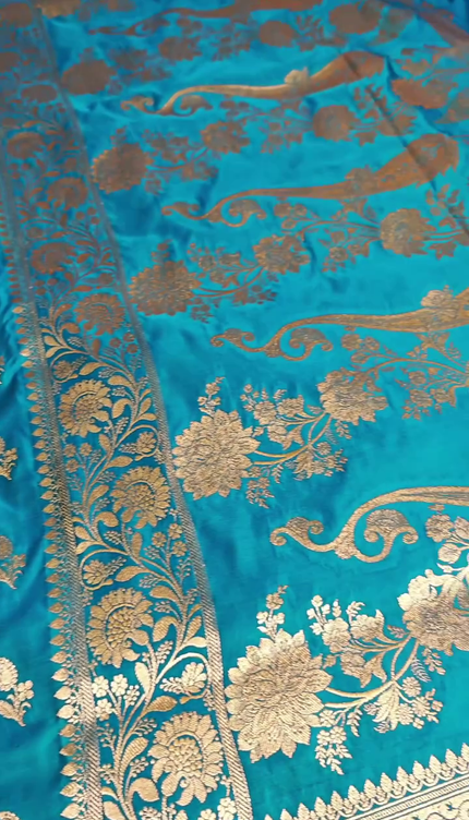 Teal Blue Silver Zari Buta Brocade Fabric