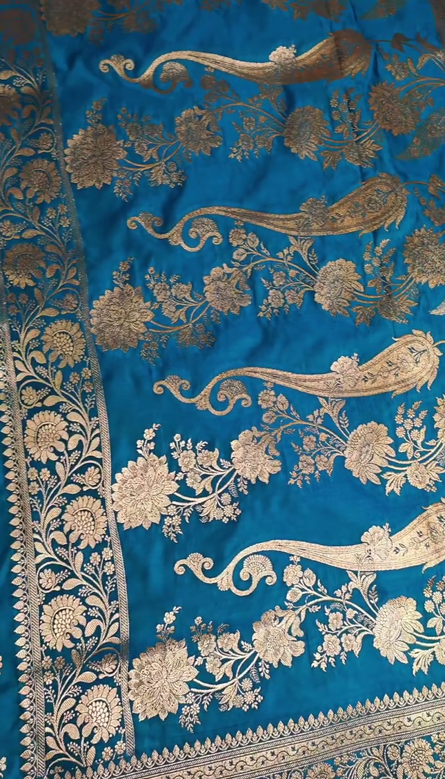Teal Blue Silver Zari Buta Brocade Fabric