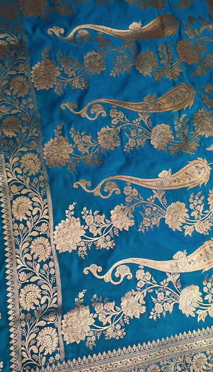 Teal Blue Silver Zari Buta Brocade Fabric