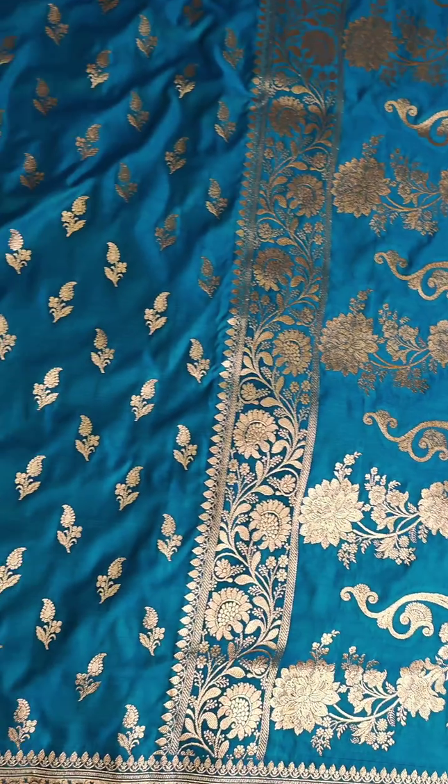 Teal Blue Silver Zari Buta Brocade Fabric
