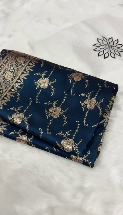Navy Blue Gold Zari Floral Brocade Fabric with Elegant Border