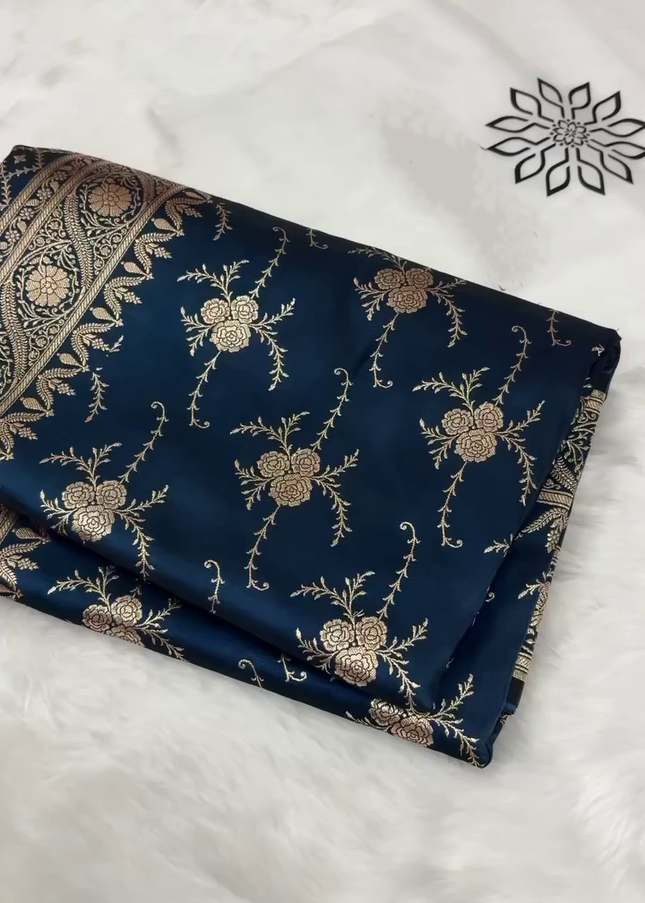 Navy Blue Gold Zari Floral Brocade Fabric with Elegant Border