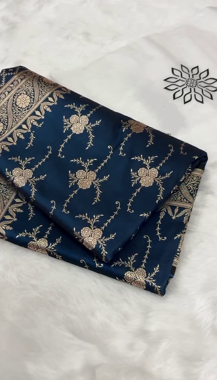 Navy Blue Gold Zari Floral Brocade Fabric with Elegant Border