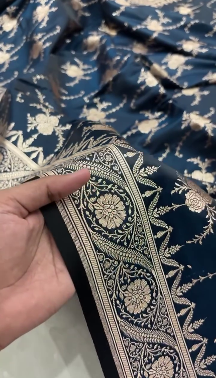 Navy Blue Gold Zari Floral Brocade Fabric with Elegant Border