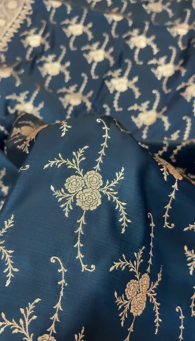 Navy Blue Gold Zari Floral Brocade Fabric with Elegant Border