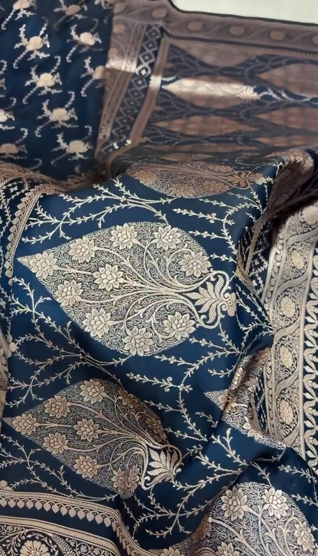 Navy Blue Gold Zari Floral Brocade Fabric with Elegant Border