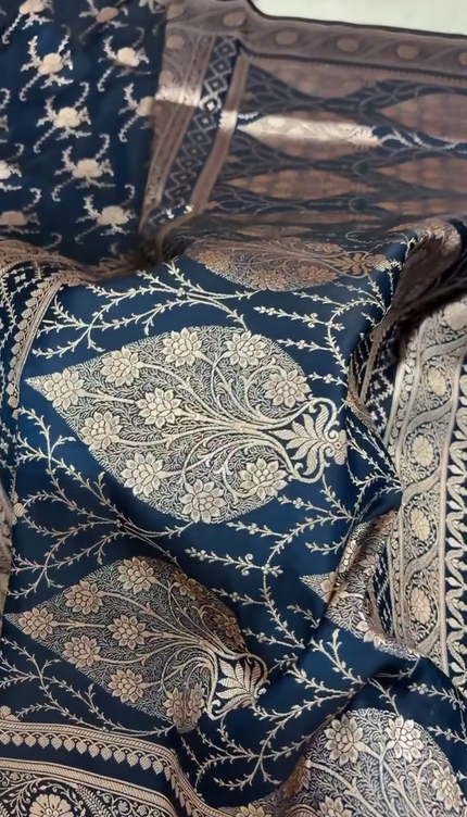 Navy Blue Gold Zari Floral Brocade Fabric with Elegant Border