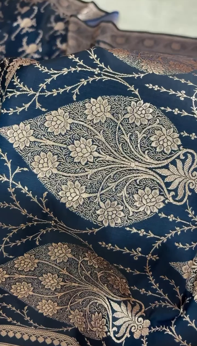 Navy Blue Gold Zari Floral Brocade Fabric with Elegant Border