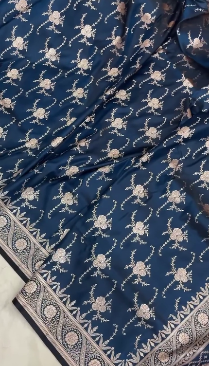 Navy Blue Gold Zari Floral Brocade Fabric with Elegant Border
