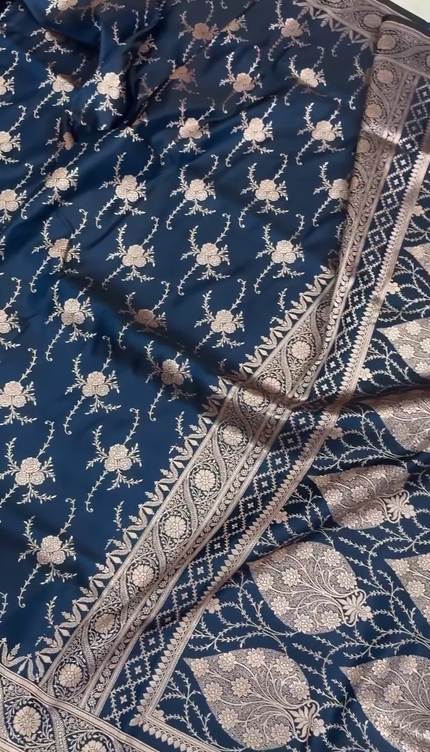 Navy Blue Gold Zari Floral Brocade Fabric with Elegant Border