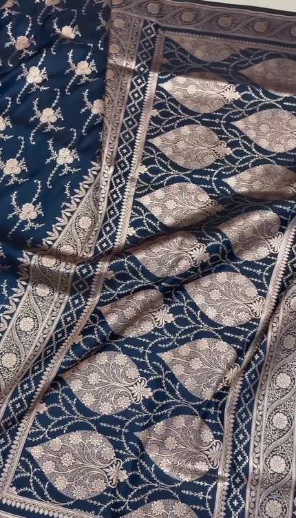 Navy Blue Gold Zari Floral Brocade Fabric with Elegant Border