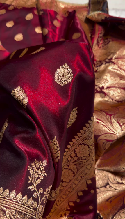 Royal Wine Red Banarasi Silk Saree with Zari Weaving & Pearl Border