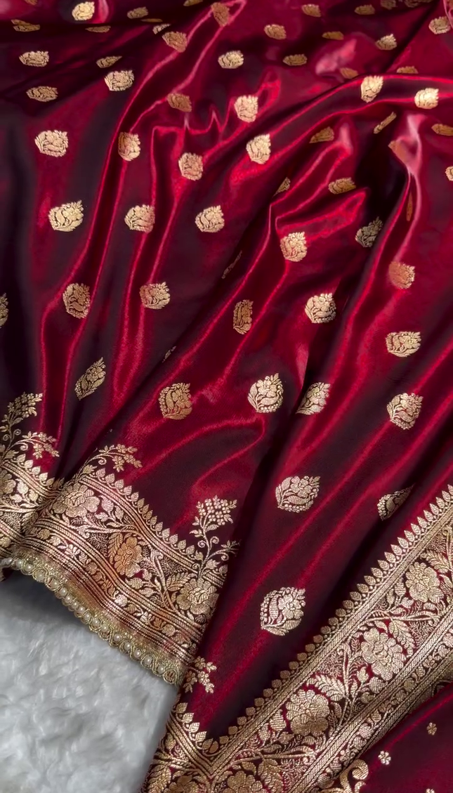 Royal Wine Red Banarasi Silk Saree with Zari Weaving & Pearl Border