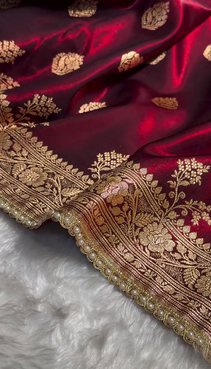Royal Wine Red Banarasi Silk Saree with Zari Weaving & Pearl Border