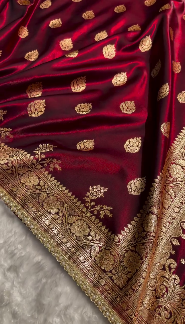 Royal Wine Red Banarasi Silk Saree with Zari Weaving & Pearl Border