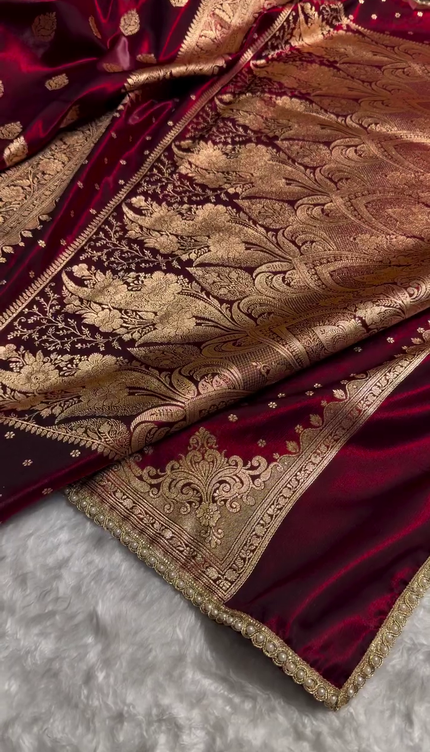 Royal Wine Red Banarasi Silk Saree with Zari Weaving & Pearl Border