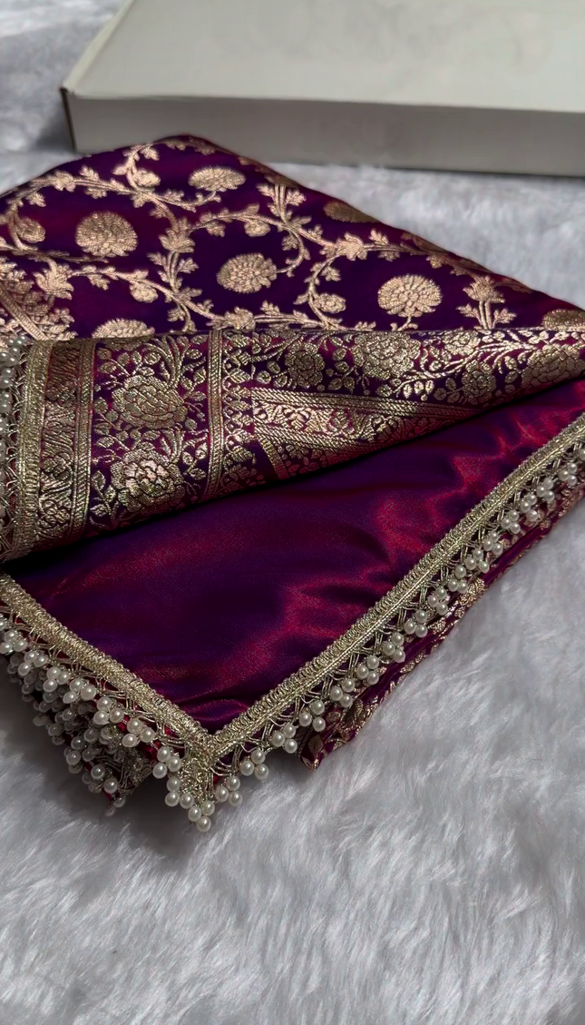 Banarasi Silk Saree with Heavy Zari Floral Weaving & Pearl Border