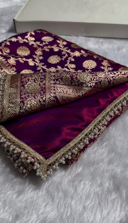 Banarasi Silk Saree with Heavy Zari Floral Weaving & Pearl Border