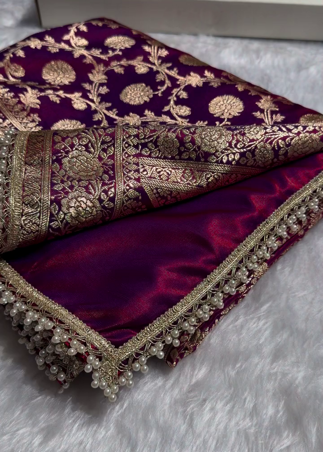Banarasi Silk Saree with Heavy Zari Floral Weaving & Pearl Border