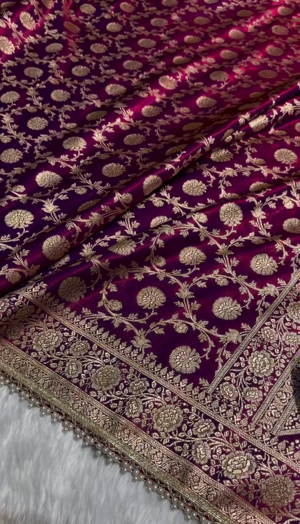 Banarasi Silk Saree with Heavy Zari Floral Weaving & Pearl Border
