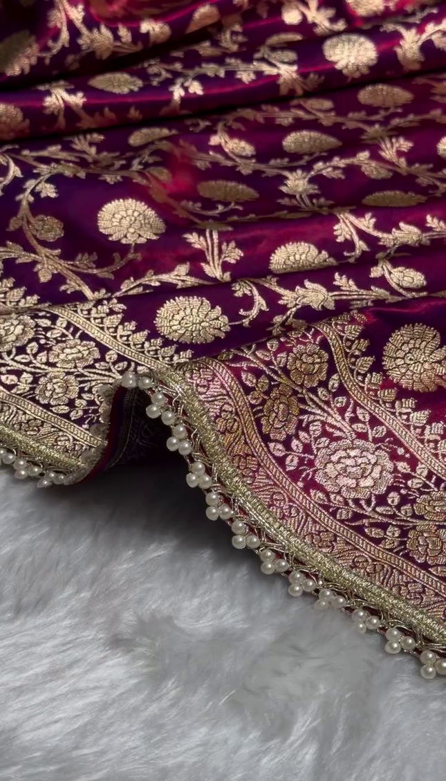 Banarasi Silk Saree with Heavy Zari Floral Weaving & Pearl Border