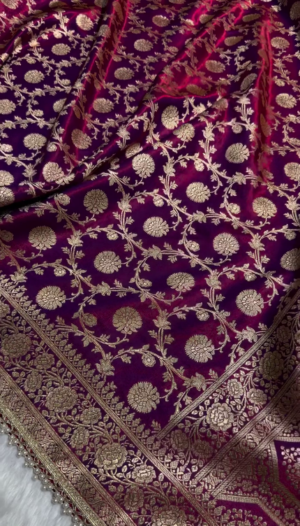 Banarasi Silk Saree with Heavy Zari Floral Weaving & Pearl Border