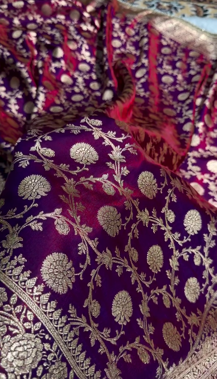 Banarasi Silk Saree with Heavy Zari Floral Weaving & Pearl Border