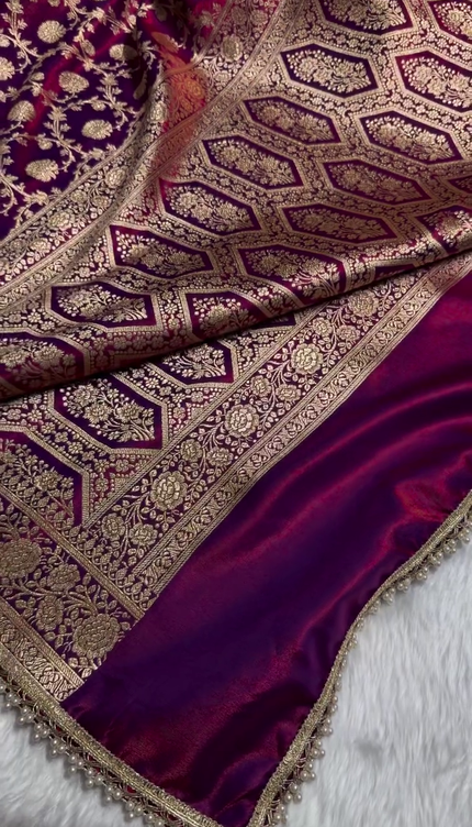 Banarasi Silk Saree with Heavy Zari Floral Weaving & Pearl Border