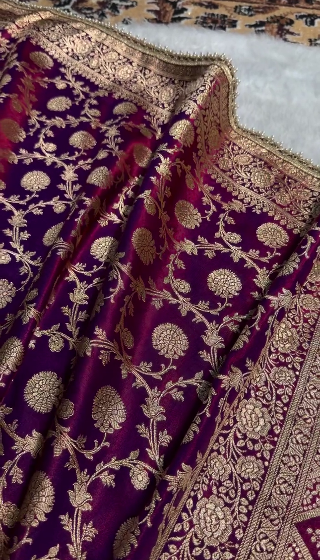 Banarasi Silk Saree with Heavy Zari Floral Weaving & Pearl Border