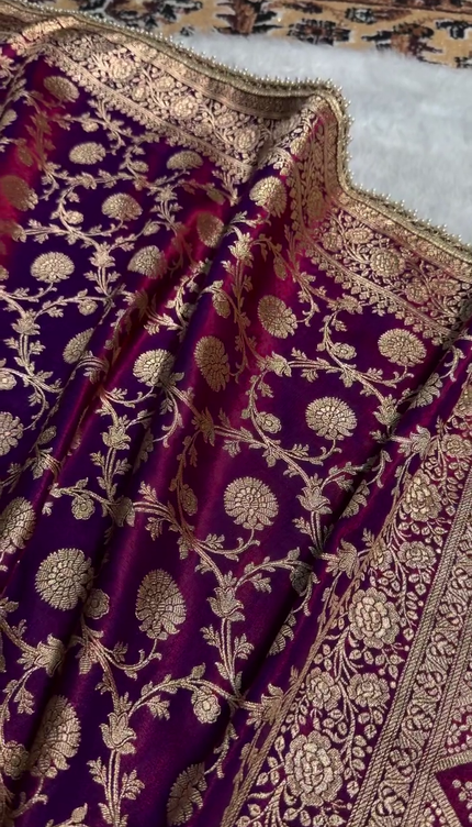 Banarasi Silk Saree with Heavy Zari Floral Weaving & Pearl Border
