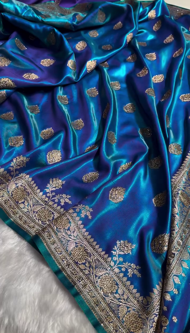 Royal Sapphire Blue Banarasi Silk Saree with Antique Gold Zari Butti Work