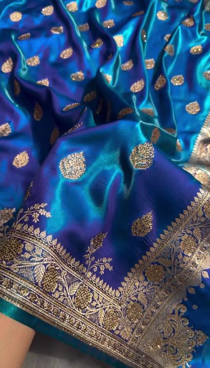 Royal Sapphire Blue Banarasi Silk Saree with Antique Gold Zari Butti Work
