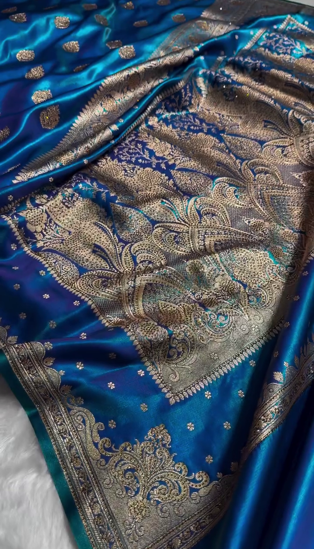 Royal Sapphire Blue Banarasi Silk Saree with Antique Gold Zari Butti Work