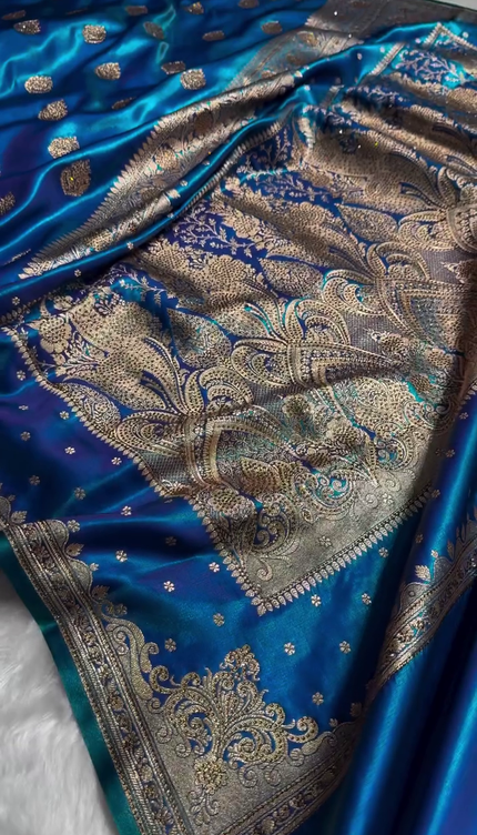 Royal Sapphire Blue Banarasi Silk Saree with Antique Gold Zari Butti Work