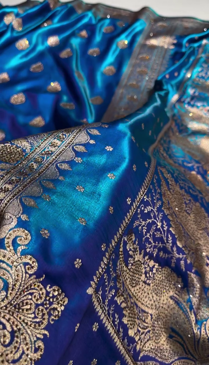 Royal Sapphire Blue Banarasi Silk Saree with Antique Gold Zari Butti Work