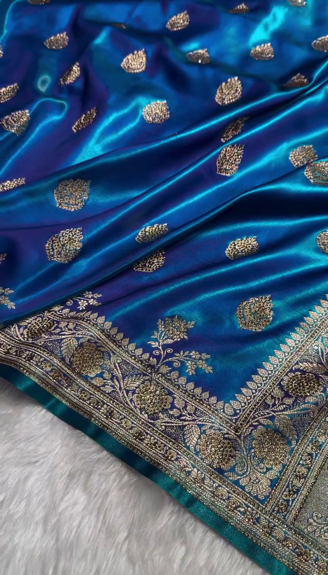 Royal Sapphire Blue Banarasi Silk Saree with Antique Gold Zari Butti Work