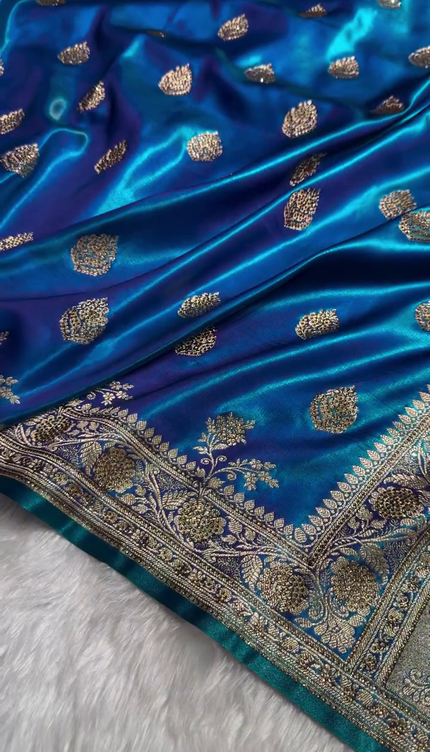 Royal Sapphire Blue Banarasi Silk Saree with Antique Gold Zari Butti Work