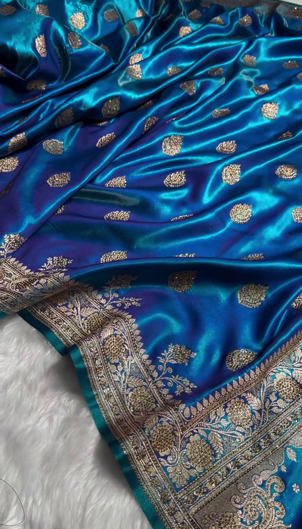 Royal Sapphire Blue Banarasi Silk Saree with Antique Gold Zari Butti Work