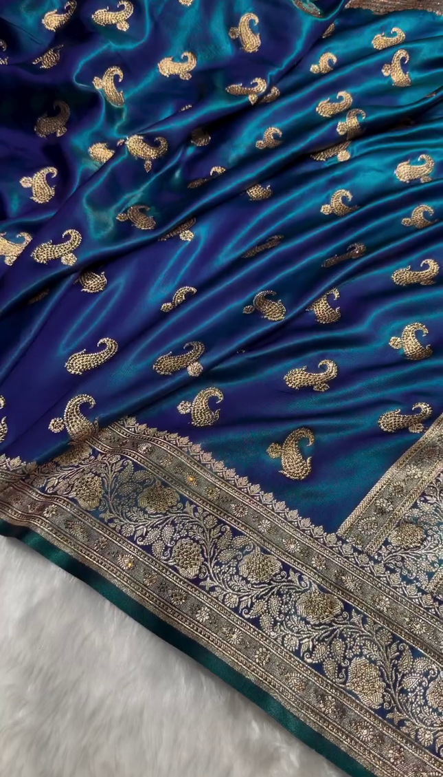 Royal Peacock Blue Banarasi Silk Saree with Antique Gold Paisley Zari Work