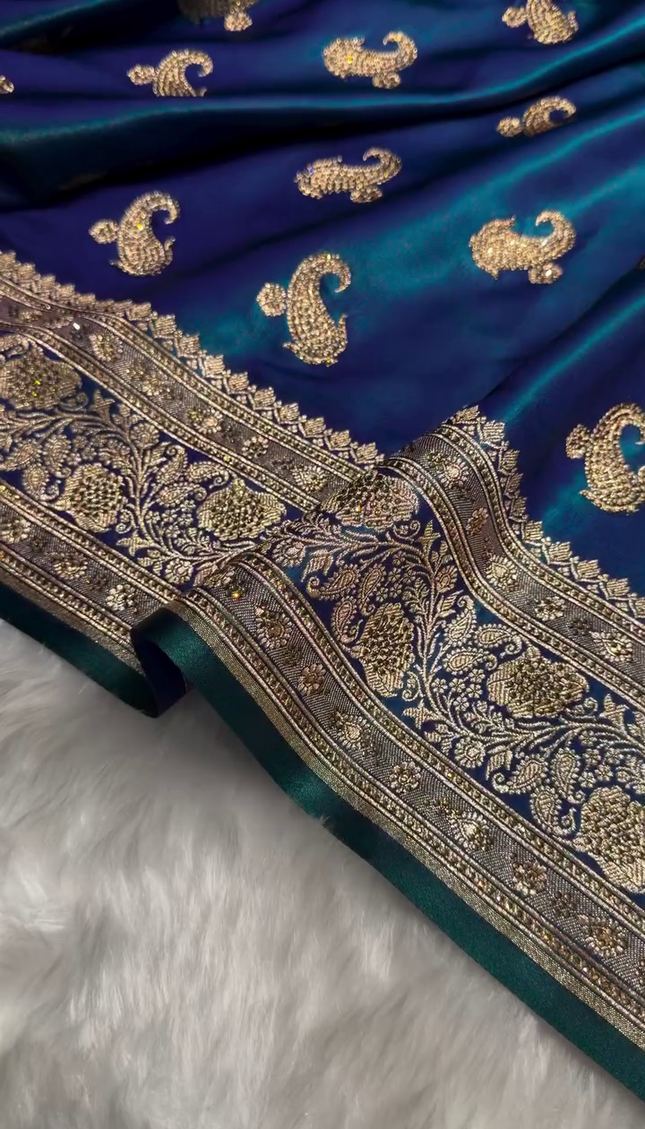 Royal Peacock Blue Banarasi Silk Saree with Antique Gold Paisley Zari Work