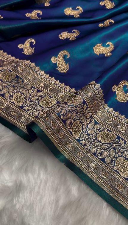 Royal Peacock Blue Banarasi Silk Saree with Antique Gold Paisley Zari Work