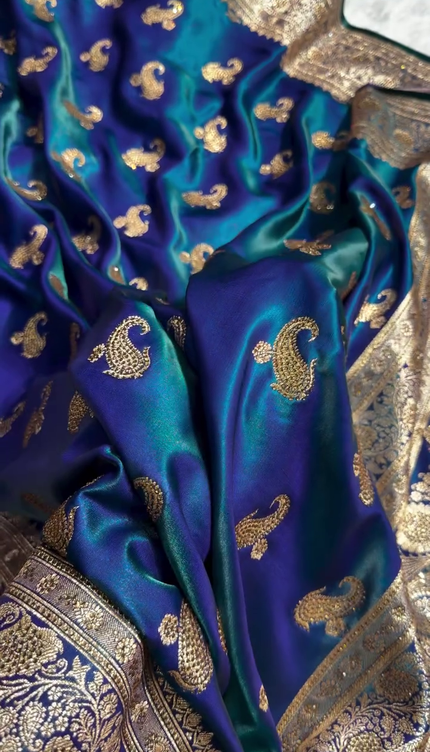 Royal Peacock Blue Banarasi Silk Saree with Antique Gold Paisley Zari Work