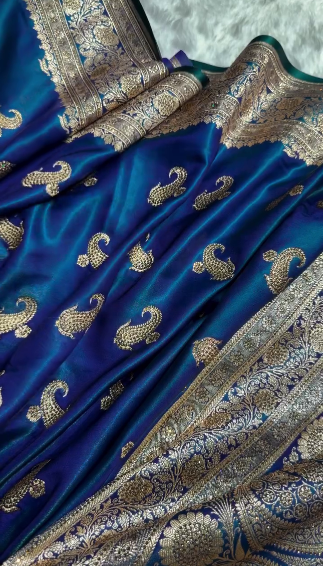 Royal Peacock Blue Banarasi Silk Saree with Antique Gold Paisley Zari Work