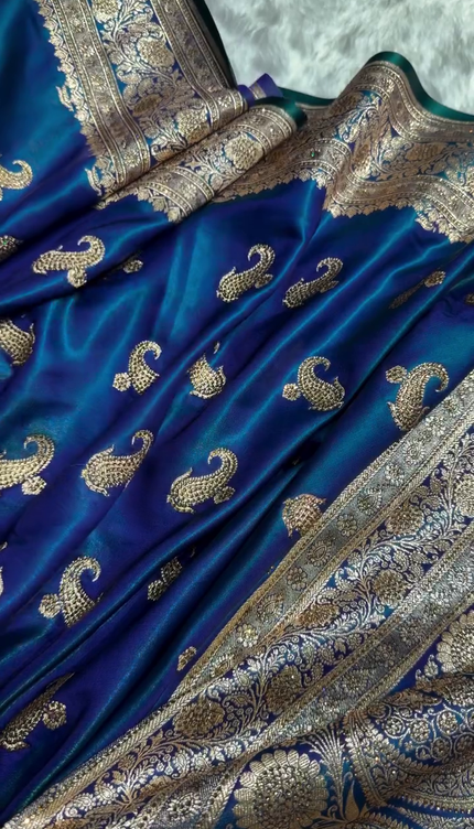 Royal Peacock Blue Banarasi Silk Saree with Antique Gold Paisley Zari Work