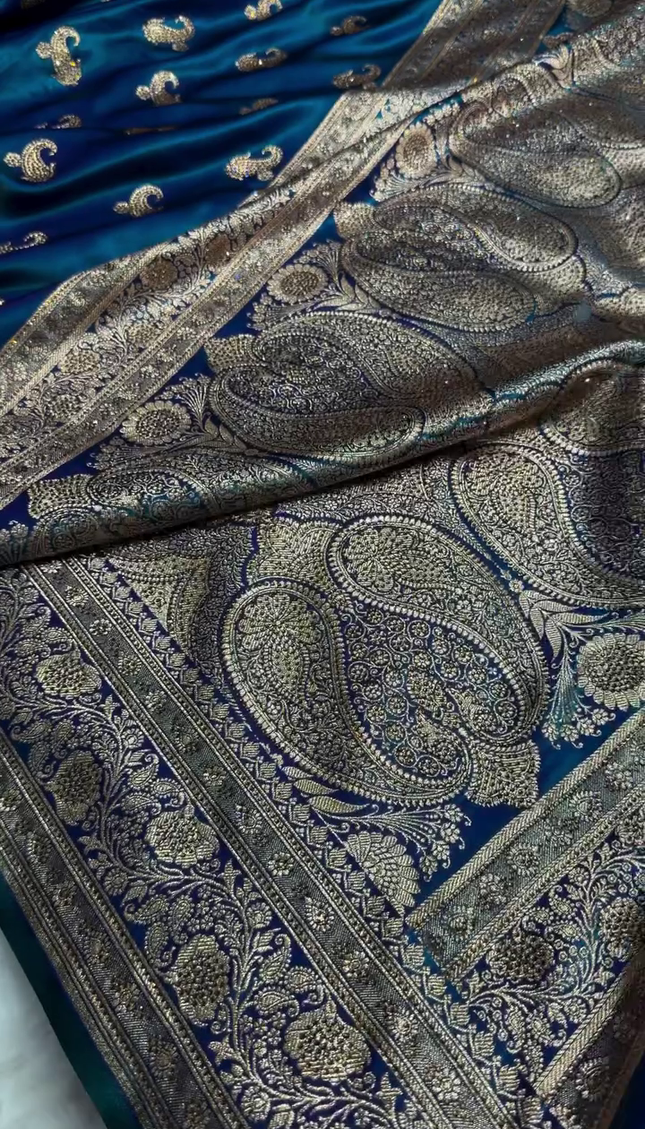 Royal Peacock Blue Banarasi Silk Saree with Antique Gold Paisley Zari Work