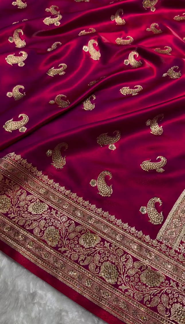 Deep Ruby Red Banarasi Silk Saree with Antique Gold Paisley Zari Work